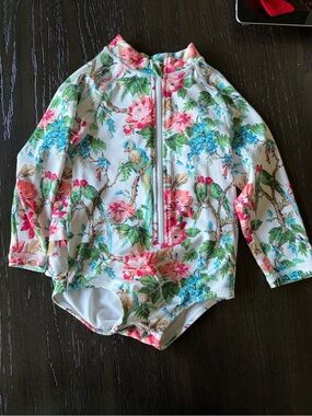 Jaine and Jack Floral Long-Sleeve Swimsuit - White with Pink & Blue Floral